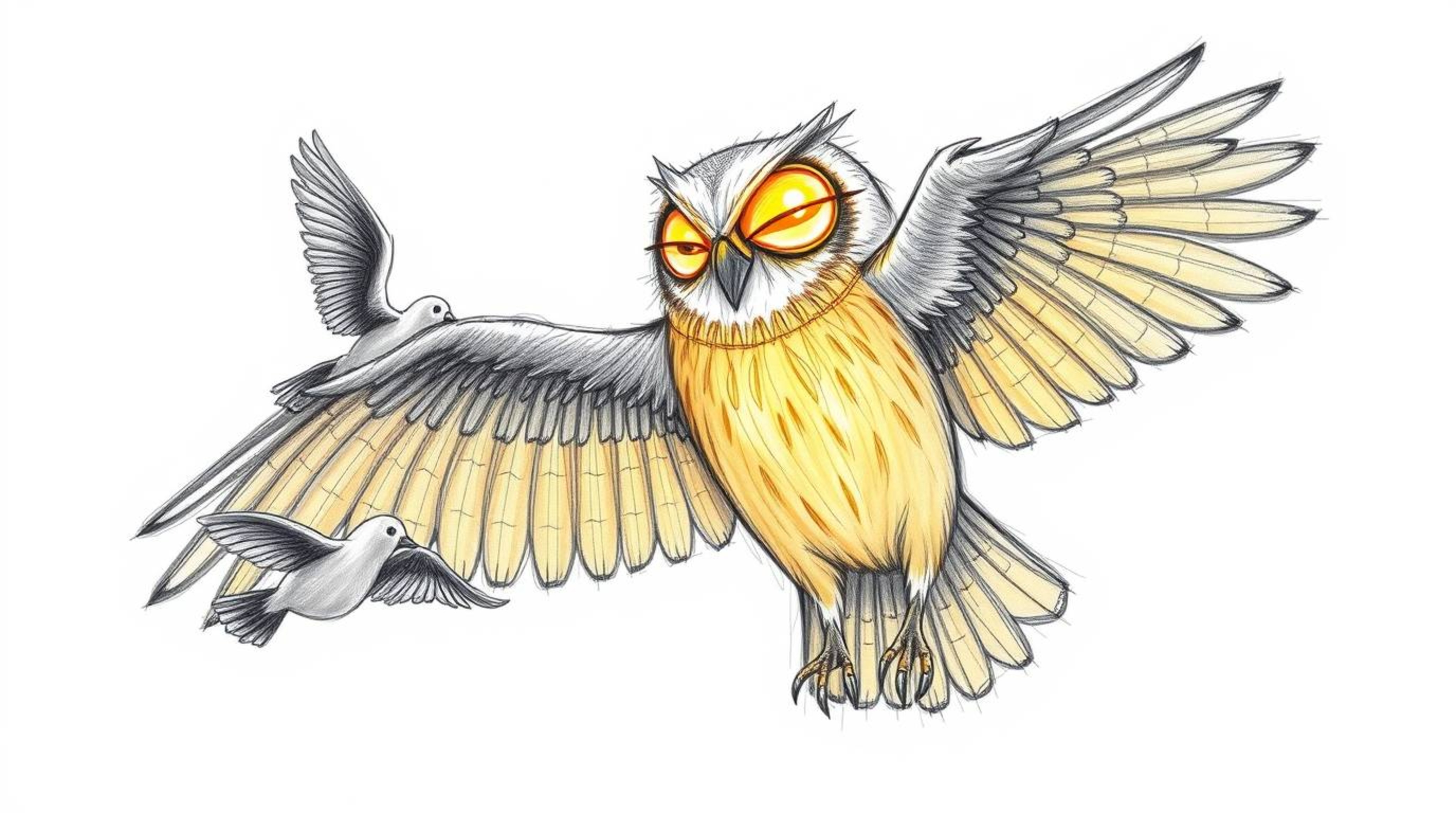 A heartwarming hand-drawn sketch in Pixar style depicts a blind owl with sunlit glowing feathers patiently teaching birds how