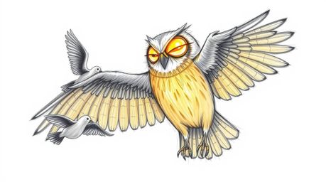 A heartwarming hand-drawn sketch in Pixar style depicts a blind owl with sunlit glowing feathers patiently teaching birds how
