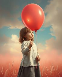 A captivating oil painting depicts a child holding a balloon, rendered in a surreal style with infrared tones. The soft, drea