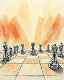 A captivating hand-drawn pencil sketch depicts a chessboard frozen in time, with pieces suspended mid-air in a moment of chao