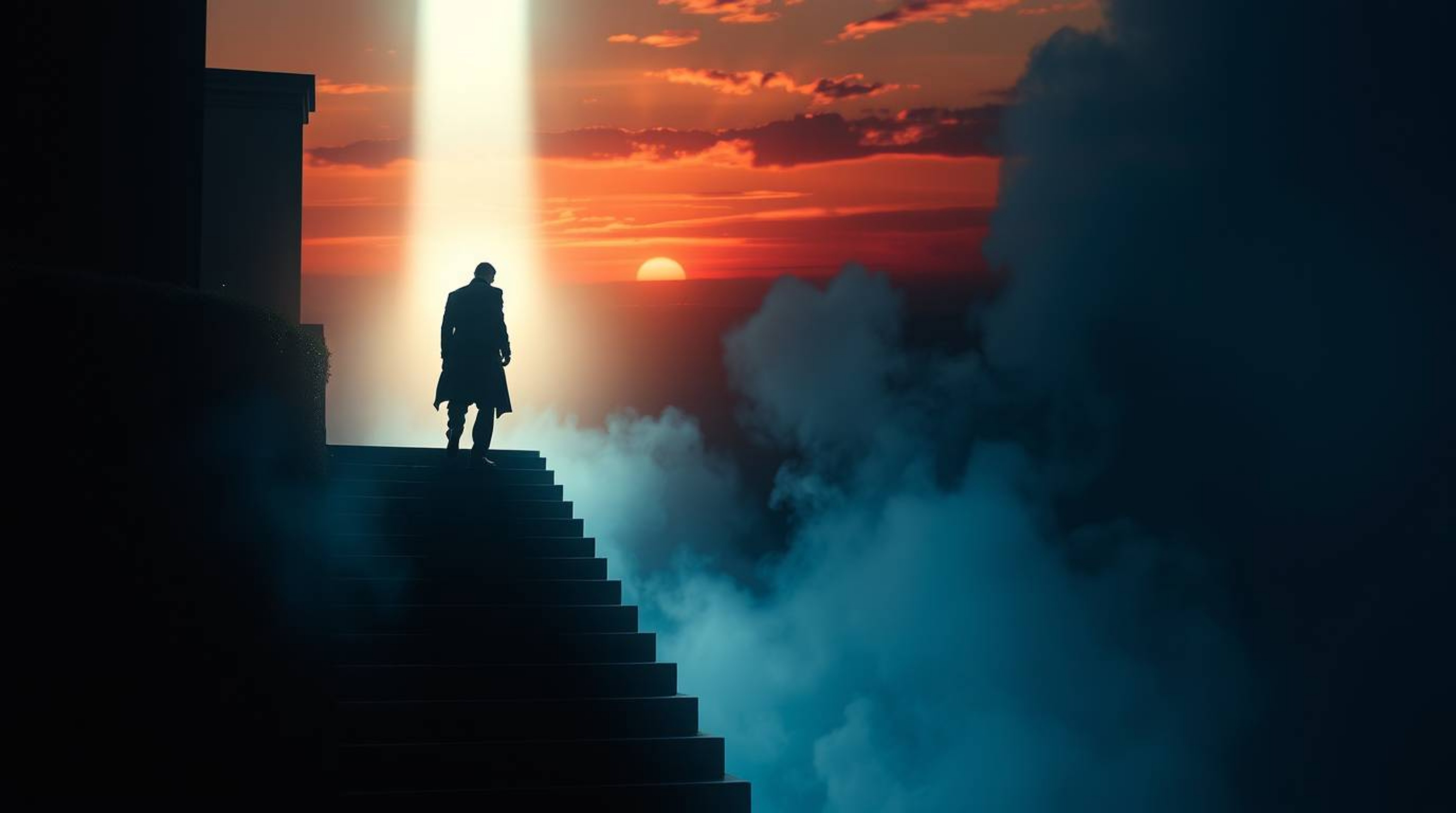 A lone figure ascends a stone staircase bathed in a divine light beam, amidst swirling smoke and a breathtaking sunset sky. T