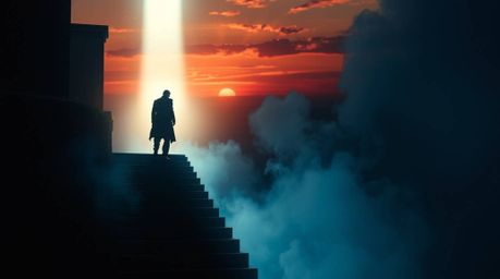 A lone figure ascends a stone staircase bathed in a divine light beam, amidst swirling smoke and a breathtaking sunset sky. T