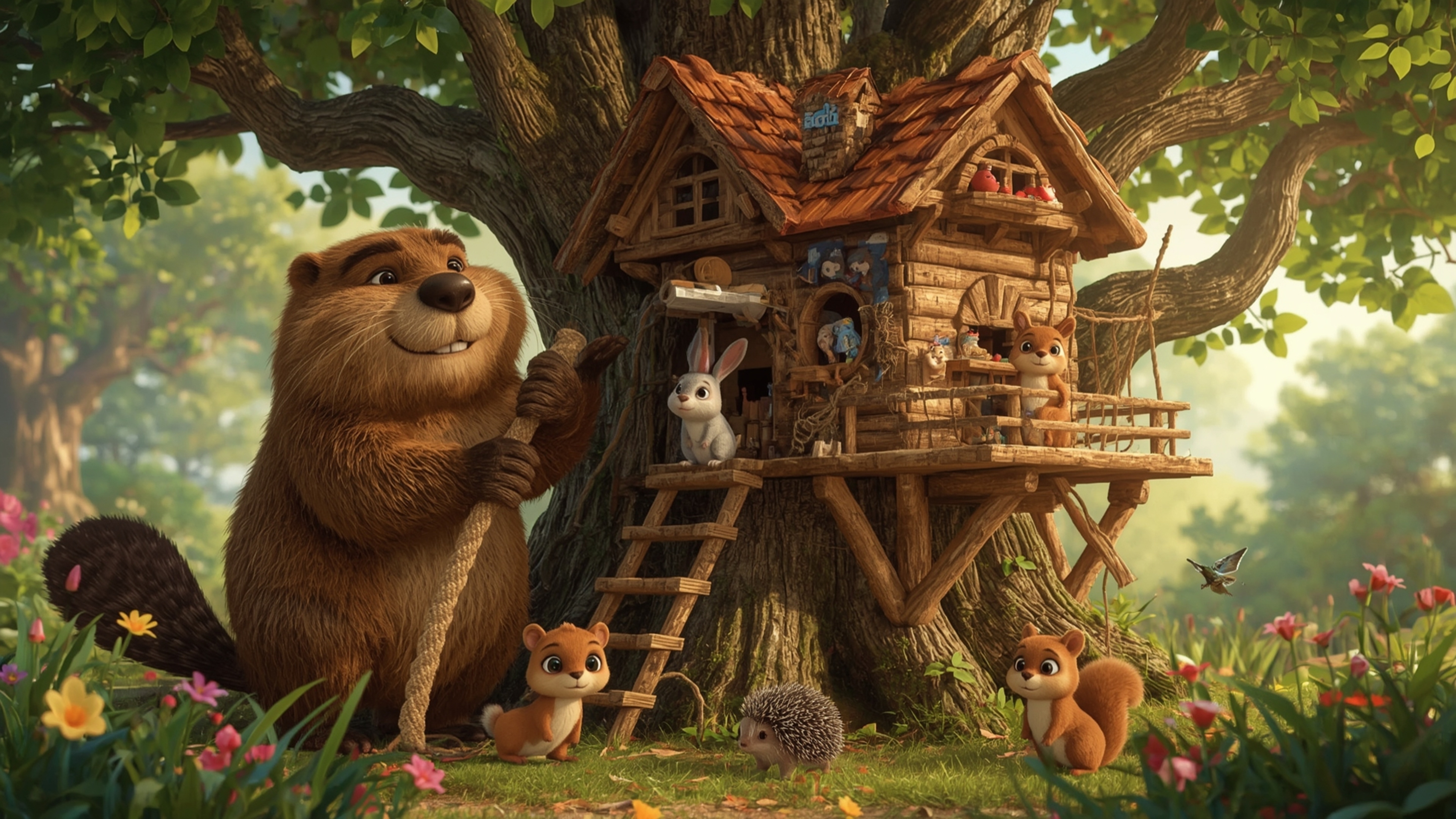 A highly detailed, high-resolution stock photo capturing an anthropomorphized beaver with a kind face and expressive eyes, di