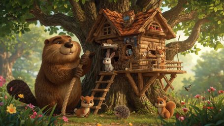 A highly detailed, high-resolution stock photo capturing an anthropomorphized beaver with a kind face and expressive eyes, di