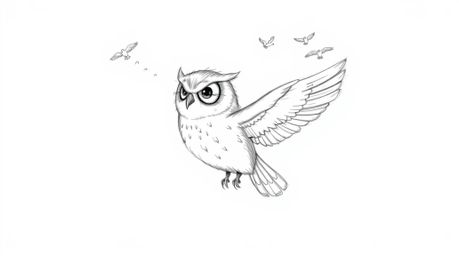 A heartwarming hand-drawn sketch in the style of Pixar depicts a blind owl patiently teaching birds to fly.  The owl's gentle