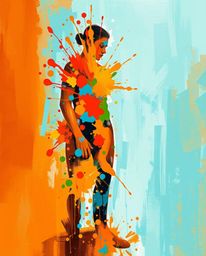 Explore a bold acrylic painting featuring warm terracotta and cool teal colors, creating a soft and dreamy atmosphere.  This 