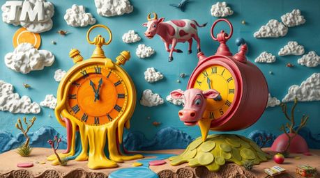 Explore a surreal dreamscape brought to life through vibrant papier-mâché. This artwork features melting clocks and floating 