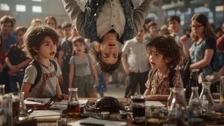In a highly detailed, cinematic photo with a whimsical, Pixar-esque feel, a chaotic science fair scene unfolds as two excited