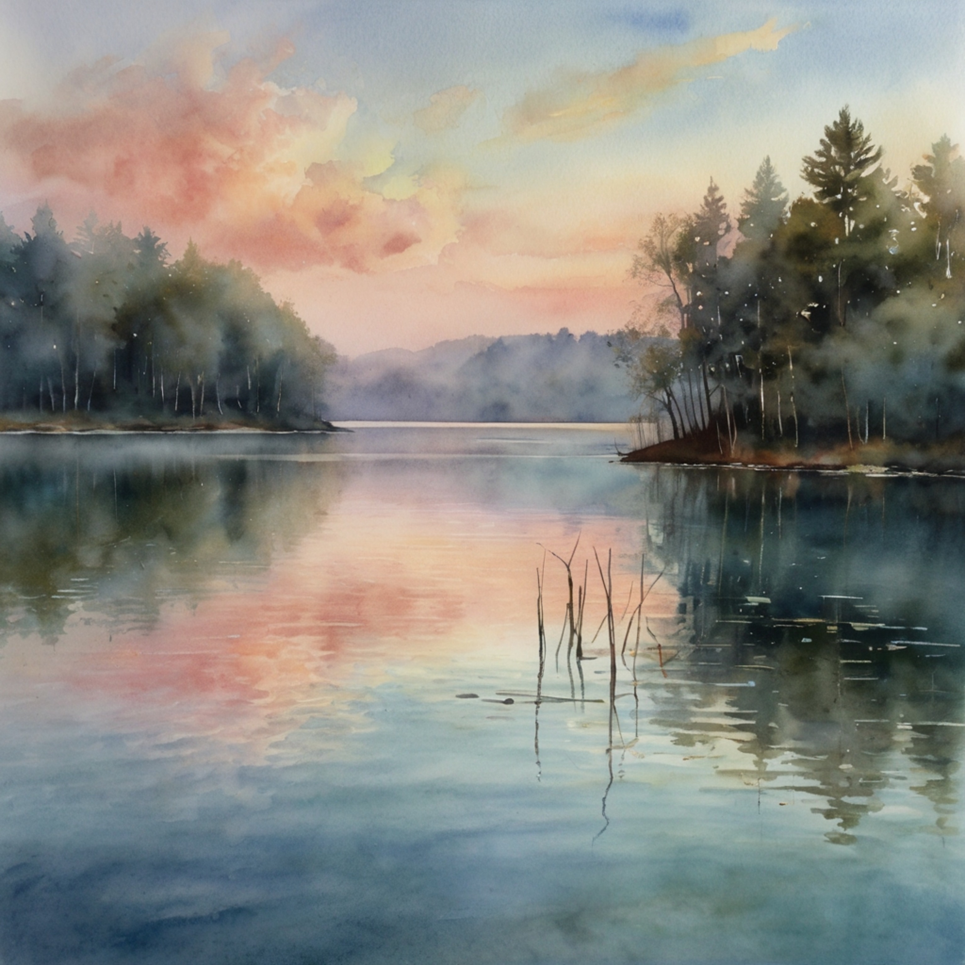 A beautiful watercolor painting capturing the serenity of a tranquil lake. Soft pastel skies create a dreamy atmosphere, perf
