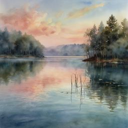 A beautiful watercolor painting capturing the serenity of a tranquil lake. Soft pastel skies create a dreamy atmosphere, perf