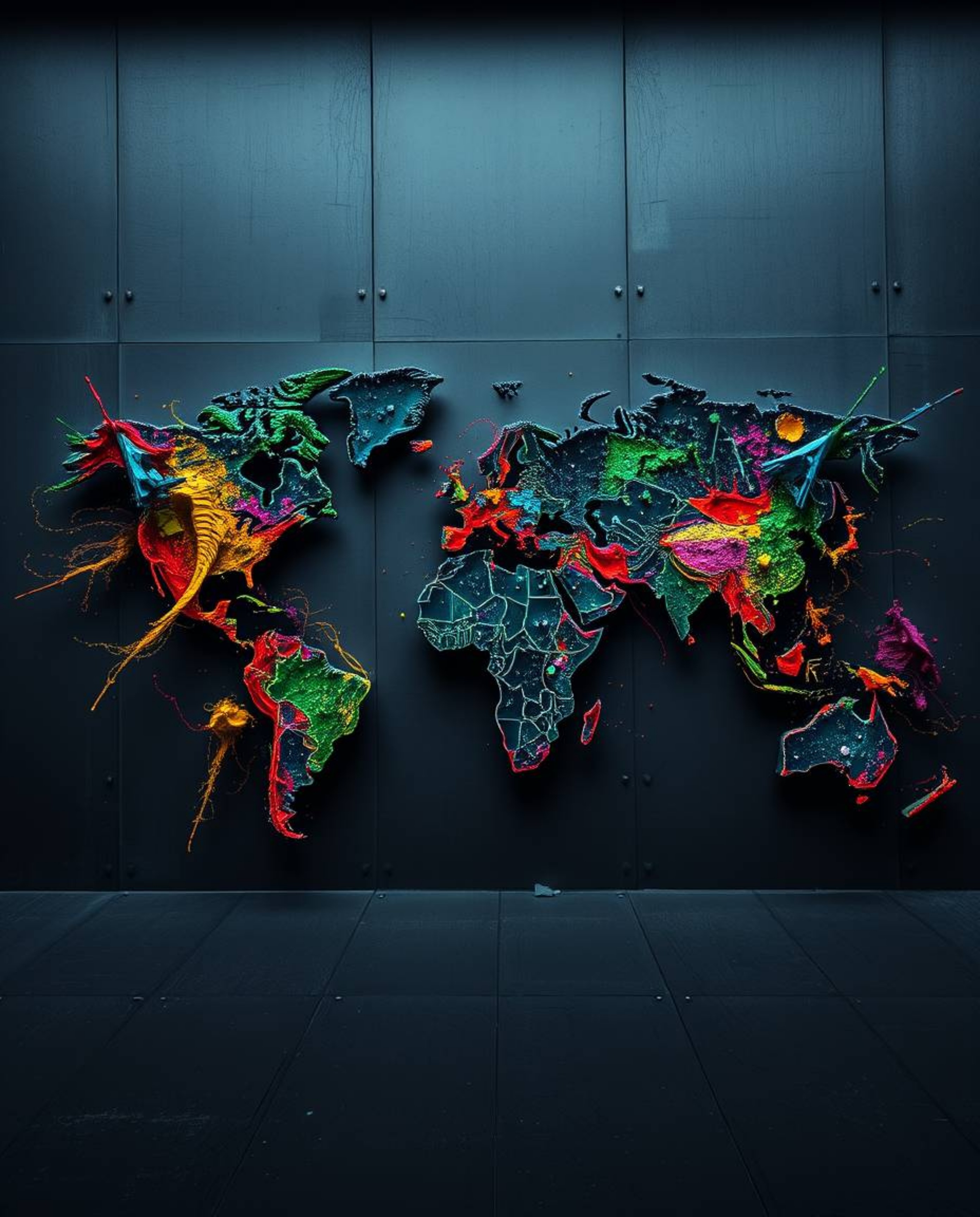 A precise architectural color photograph showcasing a world map abstract, intricately formed by bright colorful splashes. The