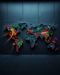 A precise architectural color photograph showcasing a world map abstract, intricately formed by bright colorful splashes. The