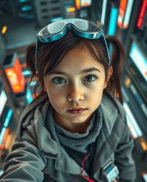A captivating overhead shot captures a young, focused inventor girl in a vibrant, futuristic city.  Rendered in a professiona