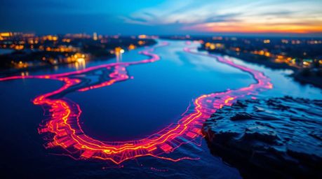 Experience the mesmerizing beauty of a river delta bathed in the electric, vivid colors of twilight. This tight close-up shot