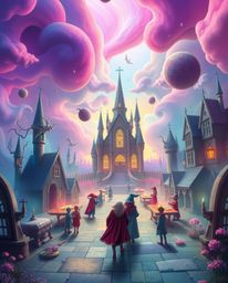 Explore a dreamlike world filled with surreal imagery, smooth gradient transitions, and a magical school for young wizards. E