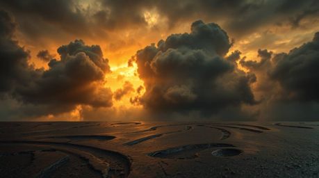 A captivating image featuring a cast bronze surface with an eerie and creepy atmosphere.  Thunderstorm clouds, illuminated by
