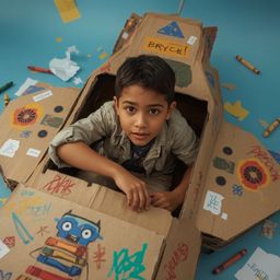 Exquisite high fashion photography capturing a young boy with curious features, vibrantly dressed and immersed in building a 