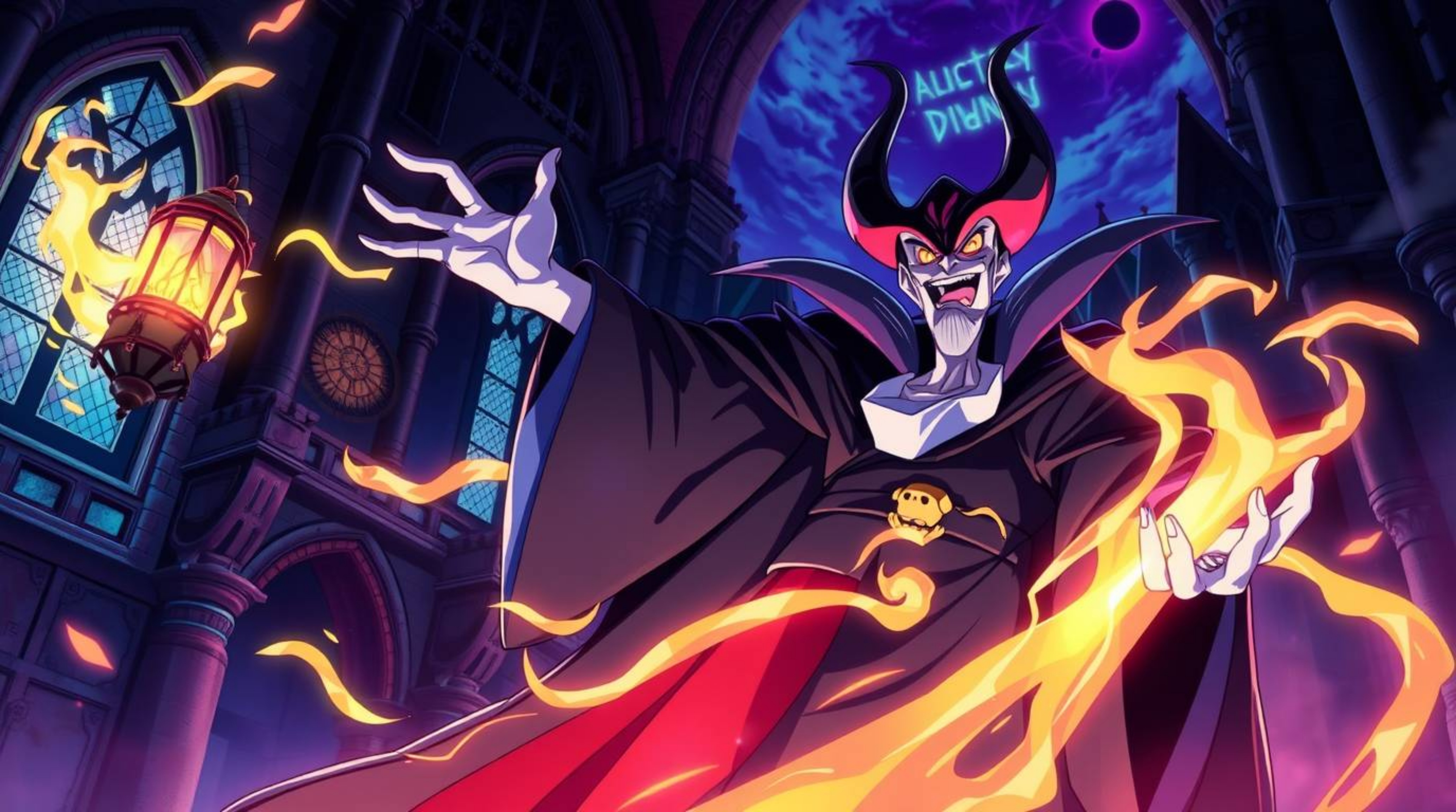 An isekai anime style illustration featuring a classic Disney villain casting a powerful spell within the confines of an old 