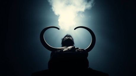 Experience a captivating scene featuring a geometric logo juxtaposed with a low-angle perspective of a caveman cooking mammot