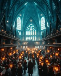 Explore a high-resolution stock photo showcasing a grand and epic scene of a magical school brimming with young wizards. This