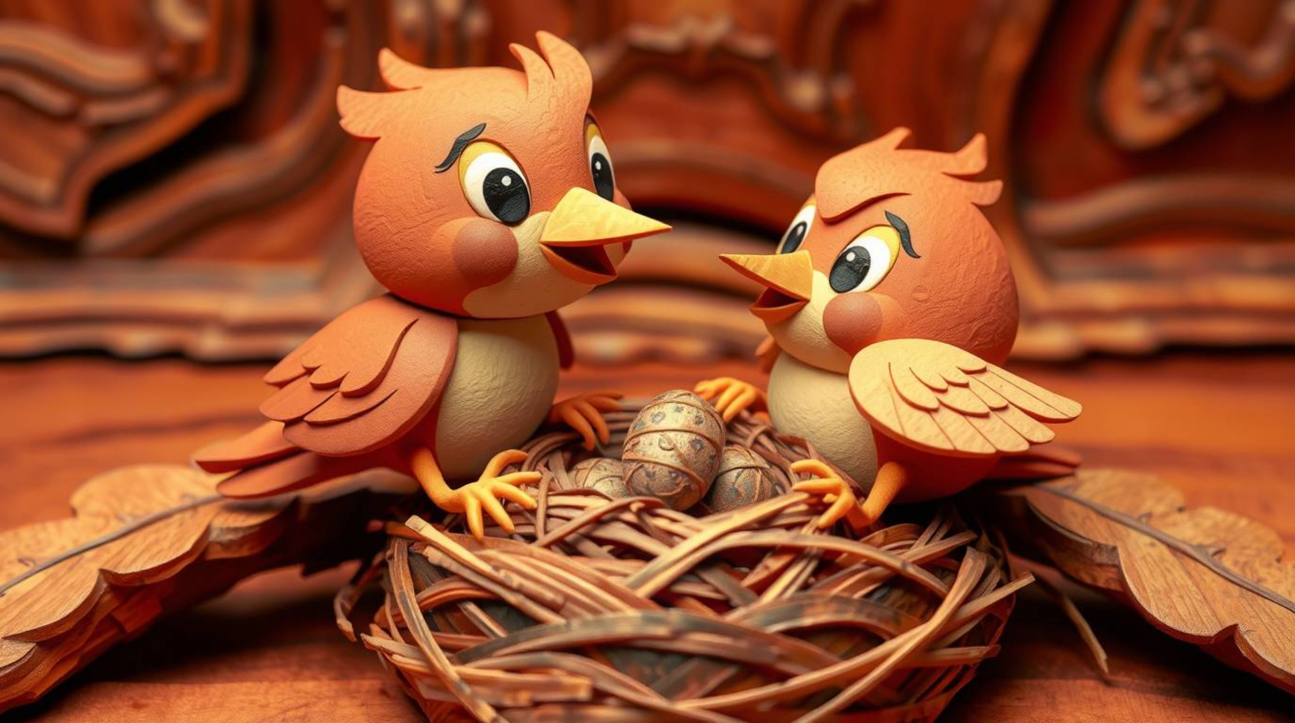 Delightful artwork depicting two cartoon birds meticulously constructing a nest.  Rendered in a classic animation style with 