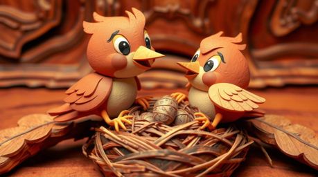 Delightful artwork depicting two cartoon birds meticulously constructing a nest. Rendered in a classic animation style with