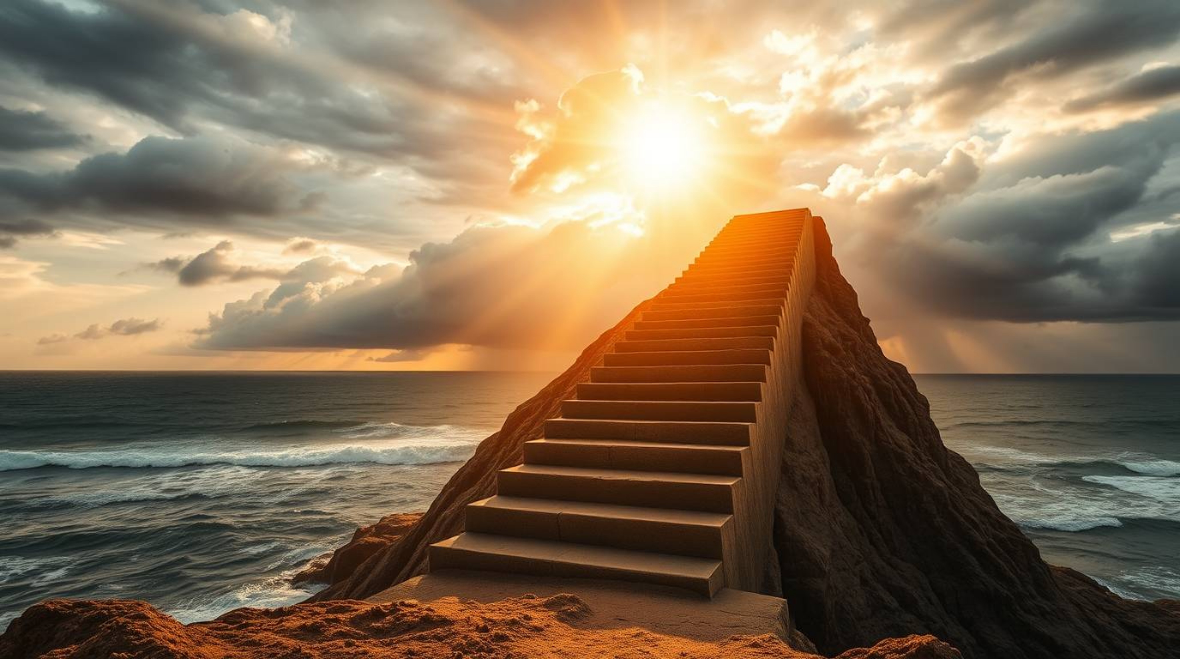 A dramatic staircase rises from the ocean, reaching towards a turbulent, stormy sky illuminated by a divine sunburst, all bat