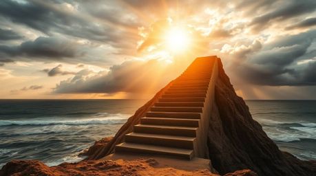 A dramatic staircase rises from the ocean, reaching towards a turbulent, stormy sky illuminated by a divine sunburst, all bat