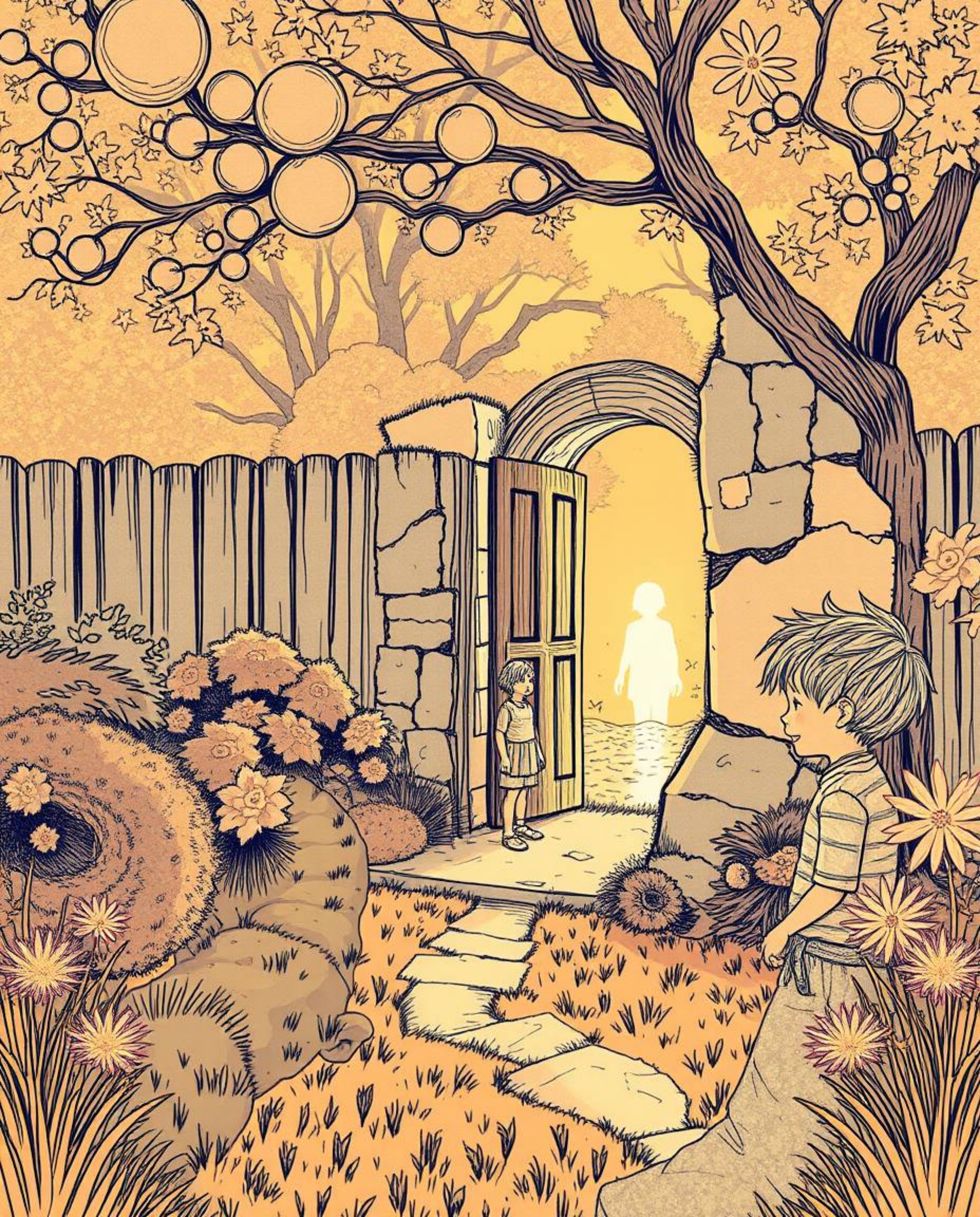 A captivating surreal infrared image depicts a hand-drawn sketch of a child stumbling upon a magical portal in their backyard