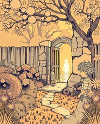 A captivating surreal infrared image depicts a hand-drawn sketch of a child stumbling upon a magical portal in their backyard