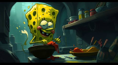 A dynamic digital sketch featuring a sponge character cooking in an underwater kitchen, rendered in intense jet black with co