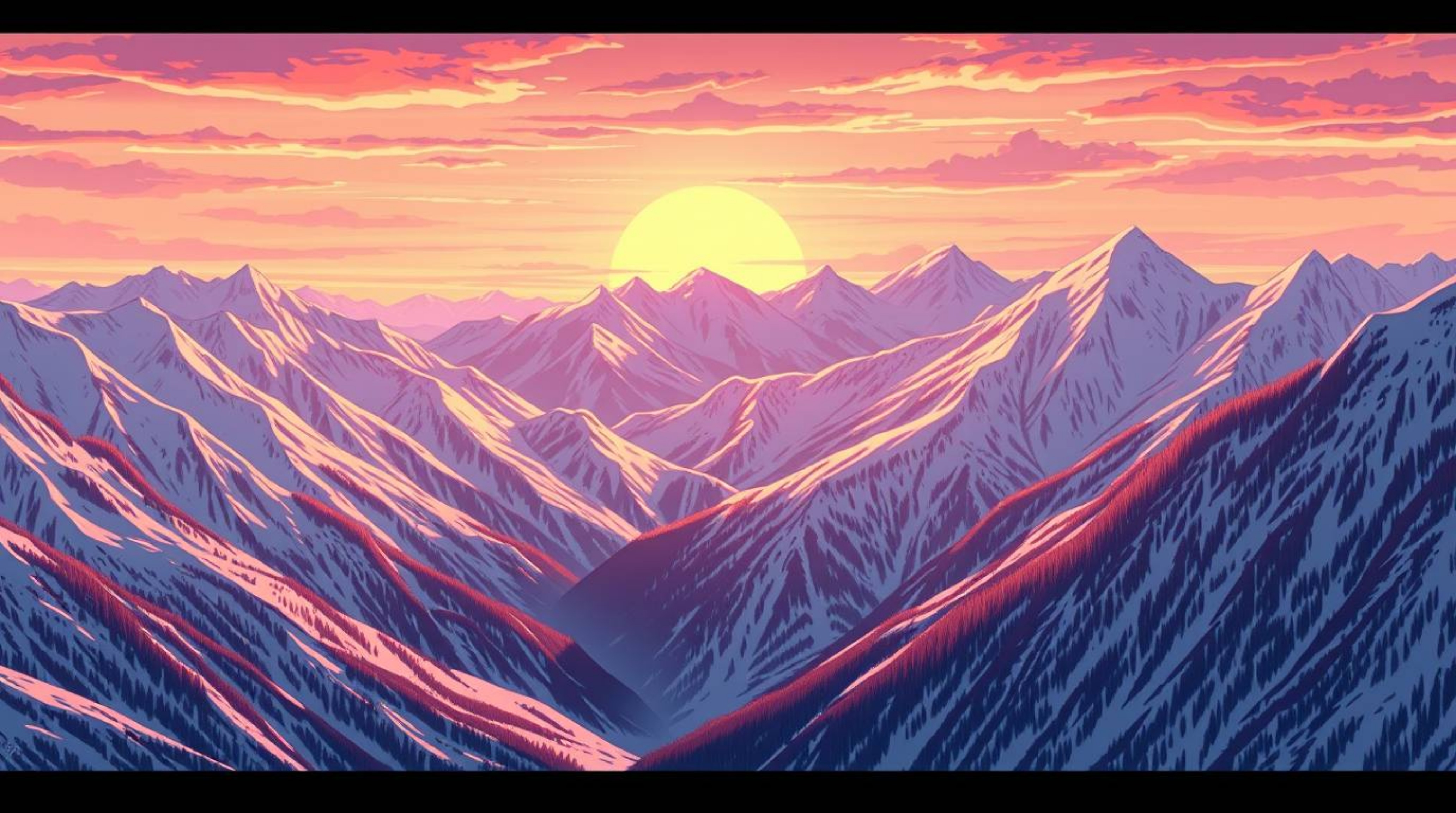 A captivating isekai anime-style illustration showcases snow-covered mountains bathed in the warm glow of a pastel sunset. Th