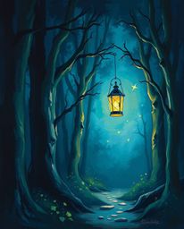 Immerse yourself in a classic oil painting depicting a glowing lantern illuminating a dark forest. The artwork features a coo