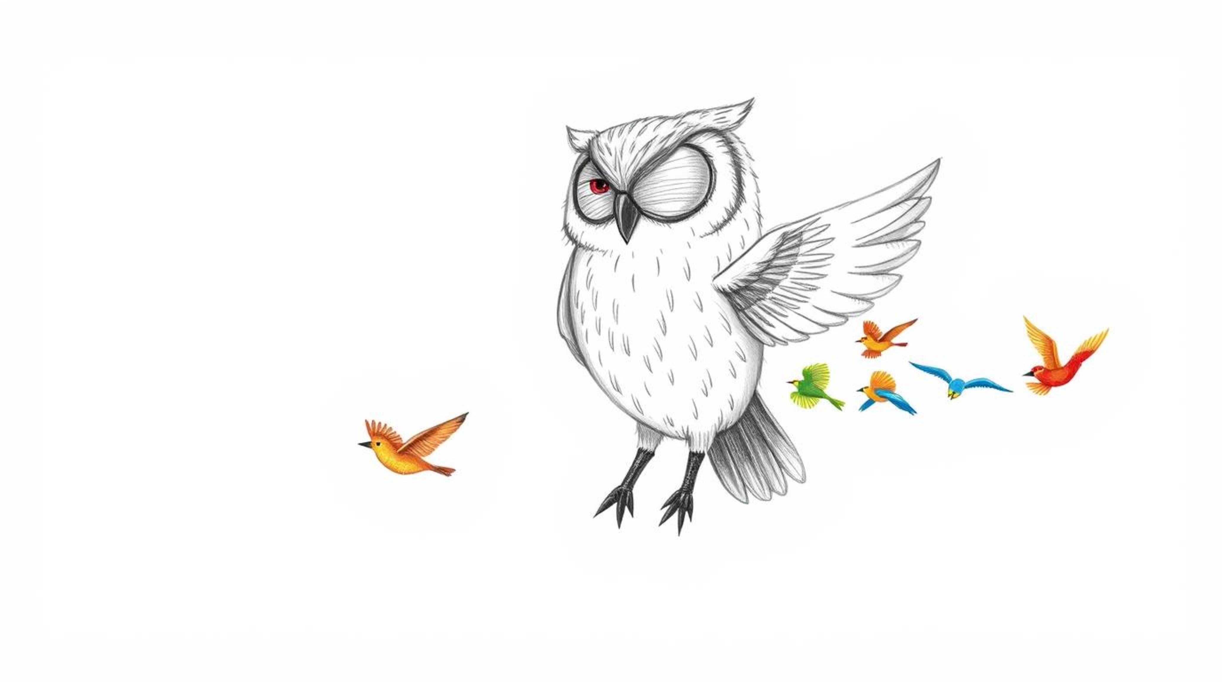 A charming hand-drawn sketch depicts a blind owl, reminiscent of Pixar animation, leading a class of colorful birds in flight
