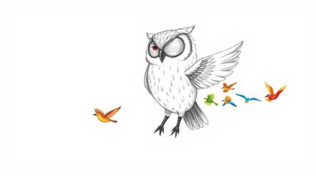 A charming hand-drawn sketch depicts a blind owl, reminiscent of Pixar animation, leading a class of colorful birds in flight