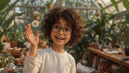 a vibrant, whimsical, and highly detailed photograph reminiscent of Pixar's stylized realism, depicting a bright-eyed, homesc