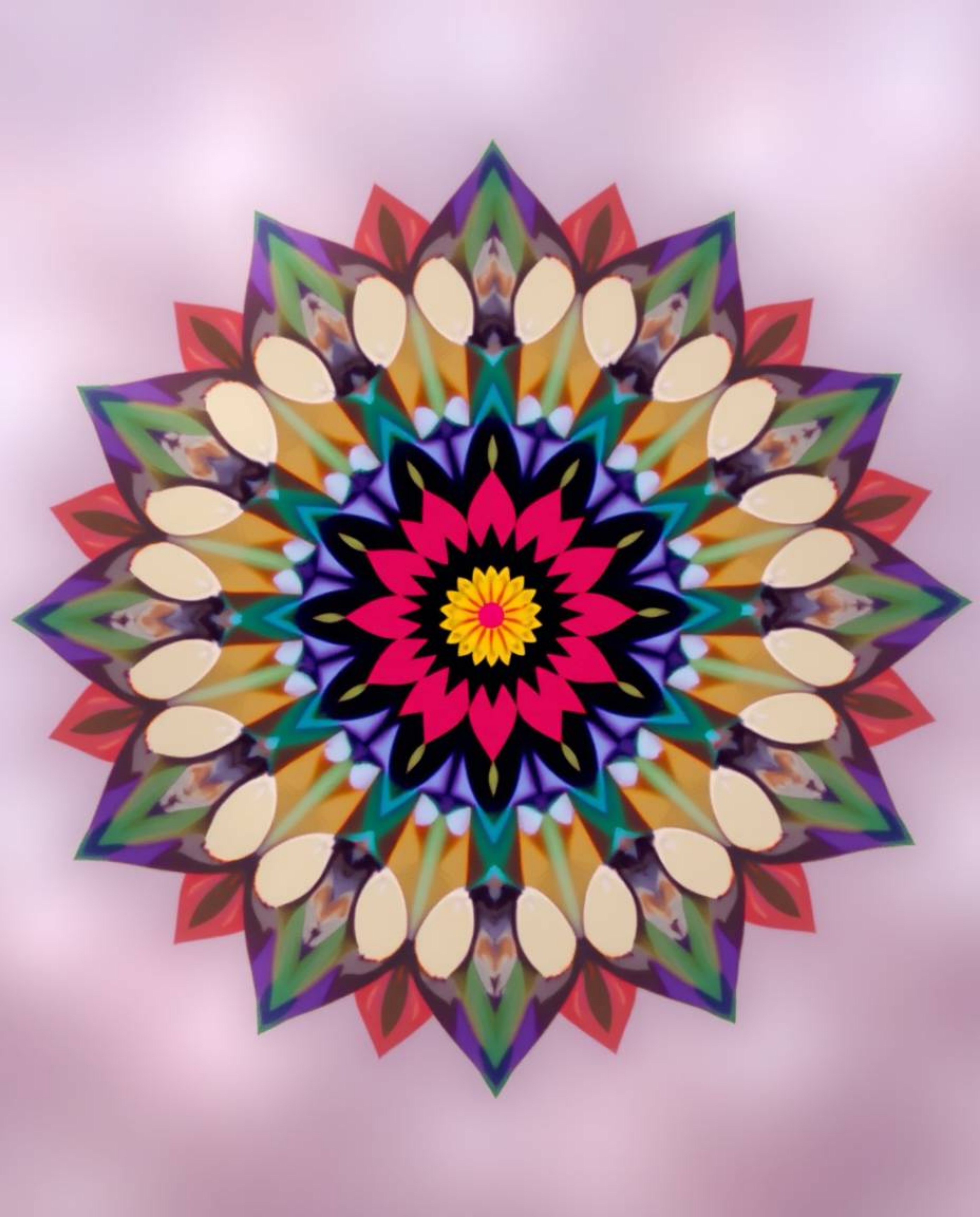 Create stunning visuals with this geometric floral mandala featuring vibrant colors and a symmetric design.  The soft, dreamy