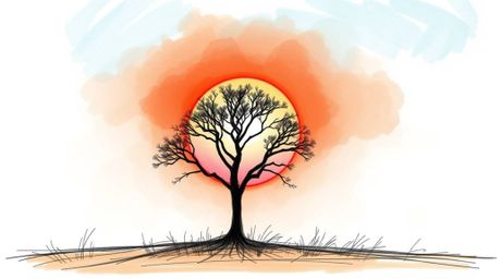 A captivating hand-drawn sketch depicts a lone tree silhouetted against a vibrant fiery sunset. The image evokes a soft, drea
