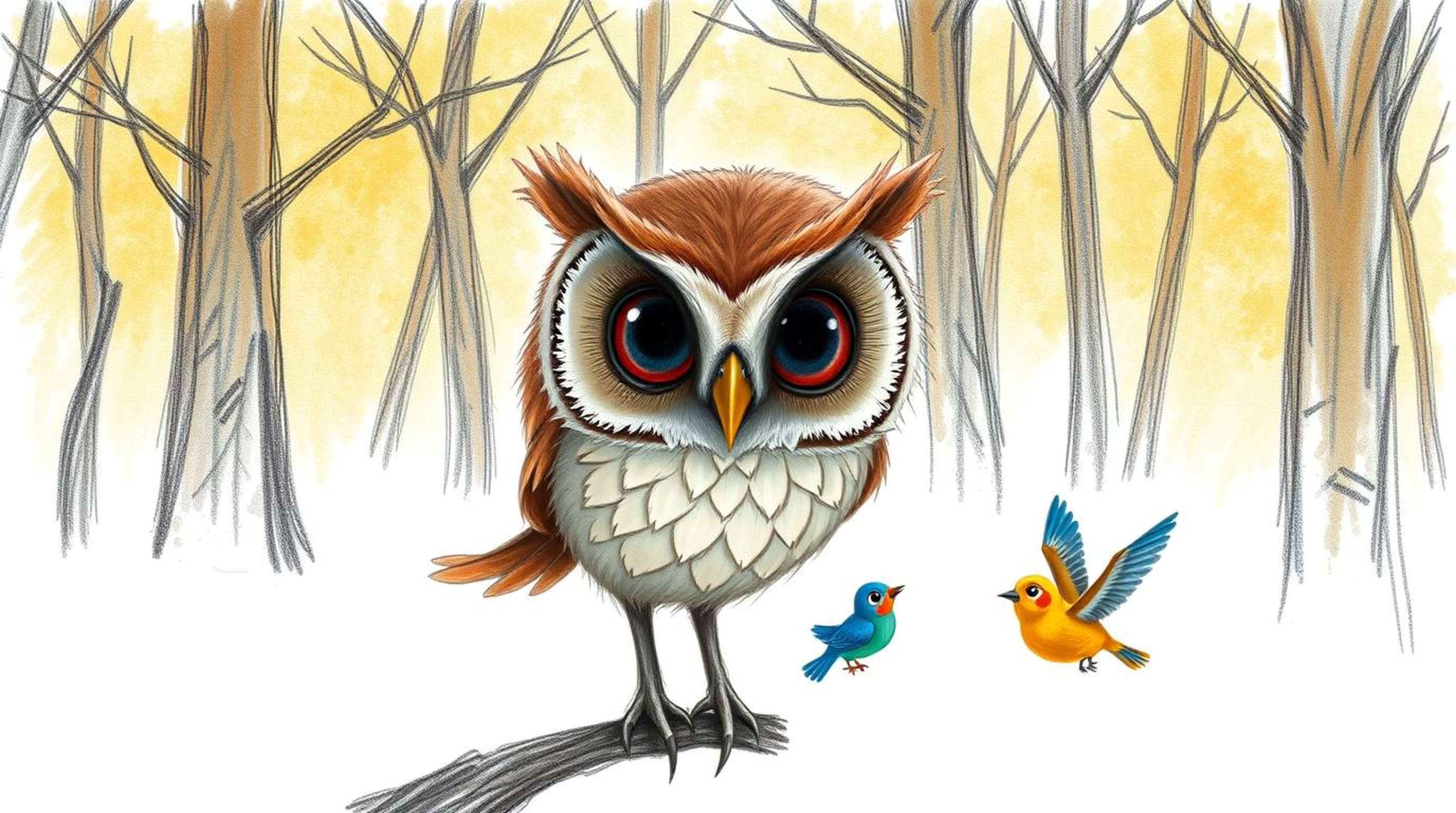 A heartwarming Pixar-style hand-drawn sketch depicts a blind owl with large, expressive eyes and soft brown feathers, patient