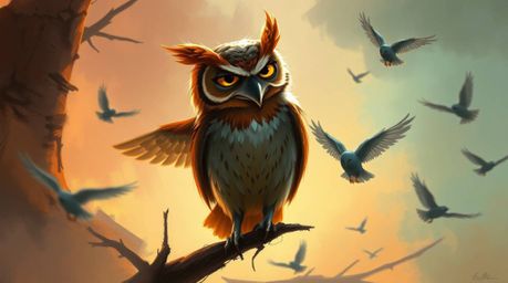 This artwork depicts a dynamic digital sketch in complementary epic colors, showcasing a blind owl in a Pixar-inspired style.