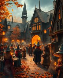 Discover a captivating image of a magical school brimming with young wizards.  Bathed in warm autumn hues, the scene evokes a
