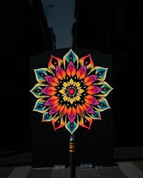 A captivating high-contrast street photograph showcases a geometric floral mandala bursting with vibrant colors and a symmetr