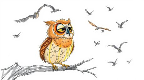 Explore a whimsical hand-drawn color sketchnote featuring a blind owl in Pixar style, passionately teaching birds how to fly.
