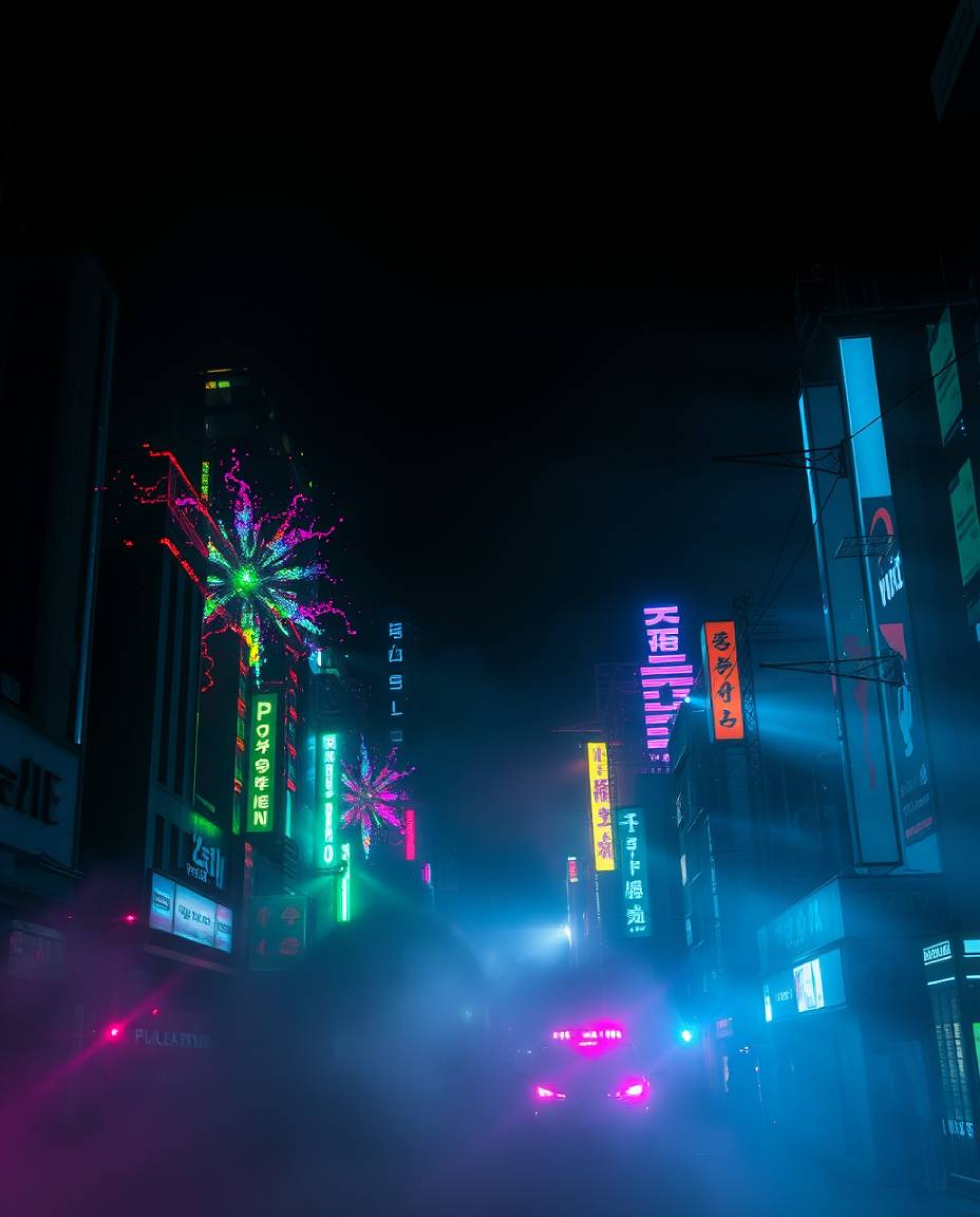 Explore a futuristic cyberpunk cityscape drenched in volumetric lighting, emphasizing intense jet black areas that contrast w