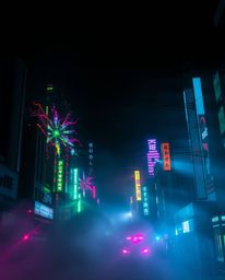 Explore a futuristic cyberpunk cityscape drenched in volumetric lighting, emphasizing intense jet black areas that contrast w
