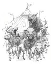 Explore a captivating hand-drawn sketch depicting a carnival dramatically overrun by wild animals, imbued with an ethereal sp
