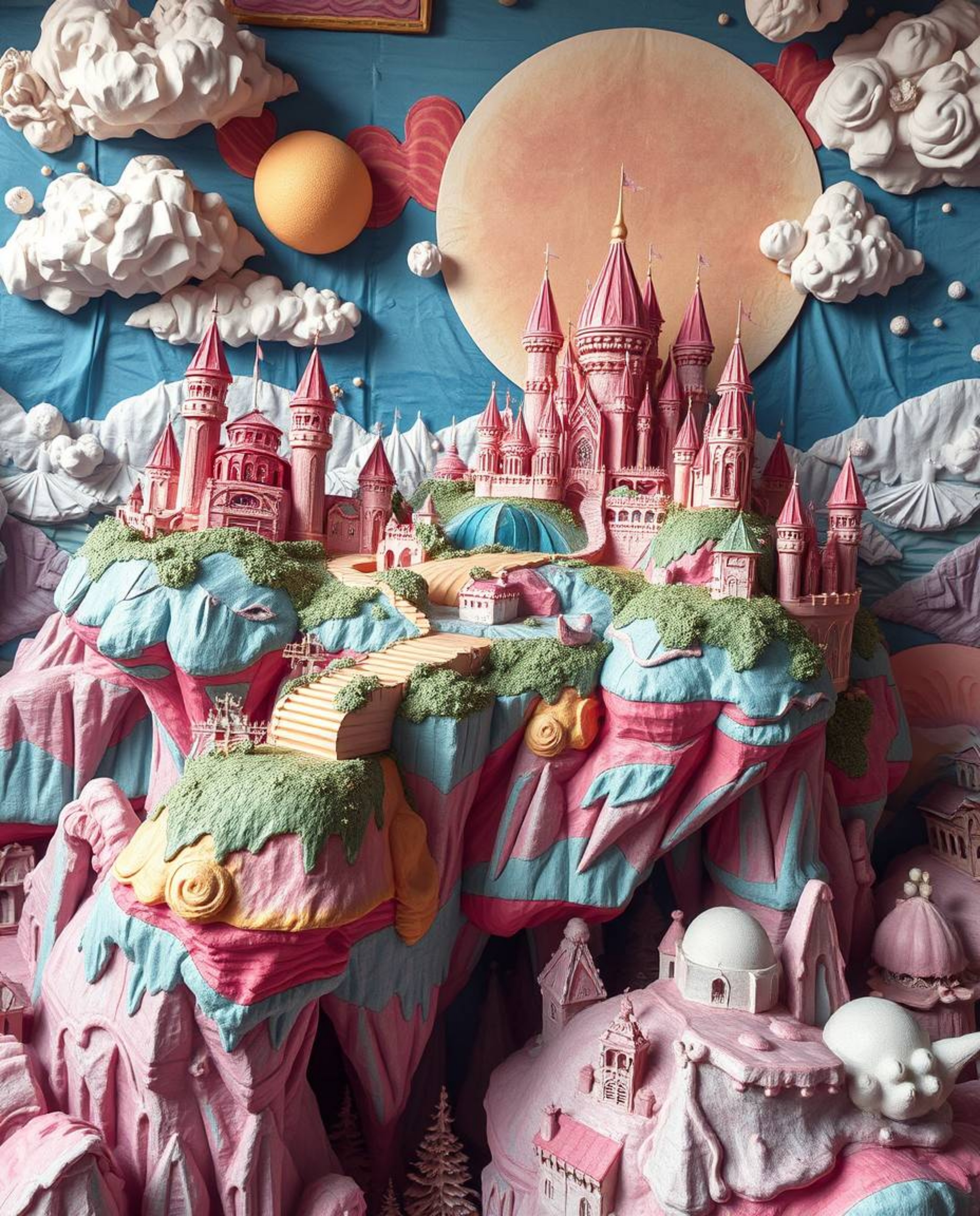Discover a breathtaking surreal artwork depicting a vibrant kingdom with floating islands and castles crafted from layered pa