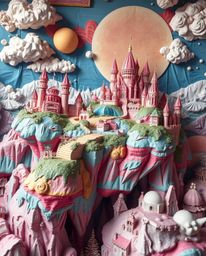 Discover a breathtaking surreal artwork depicting a vibrant kingdom with floating islands and castles crafted from layered pa
