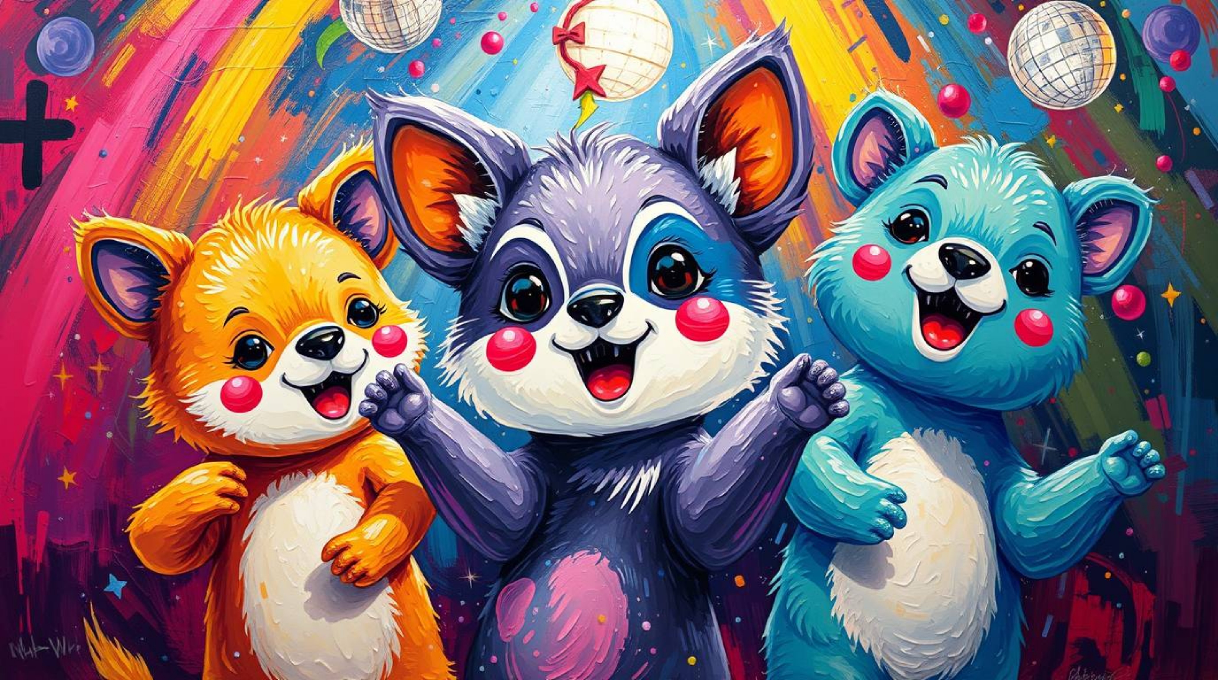 Immerse yourself in a bold and adorable animal dance party brought to life through vibrant acrylic painting.  Featuring cute 