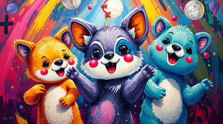 Immerse yourself in a bold and adorable animal dance party brought to life through vibrant acrylic painting.  Featuring cute 